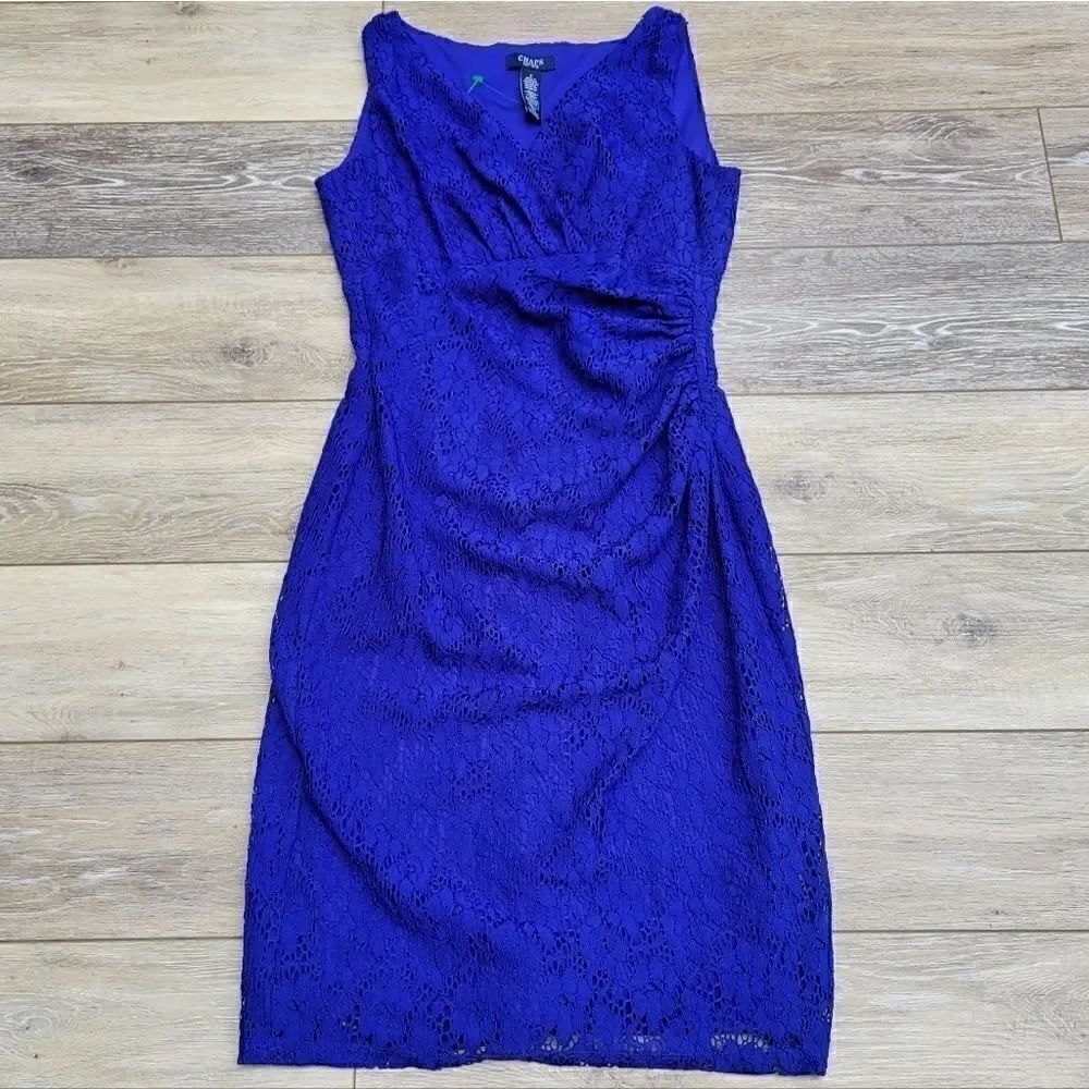 Chaps Women's Floral Lace Dress Royal Blue Ruched Waist V-Neck Size 4.